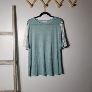 NWOT REBORN J WOMEN'S BLUE TEAL BLOUSE WITH WHITE LACE SIZE LARGE